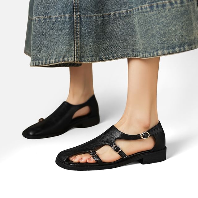 Cinnabelle-Cutout Buckle-Strap Square-Toe Faux Leather Shoes