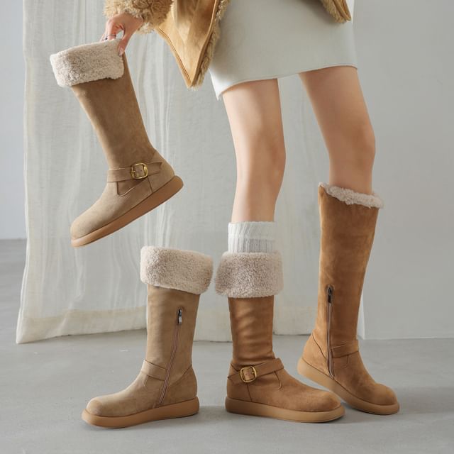 Cinnabelle-Fluffy Trim Buckled Platform Tall Boots