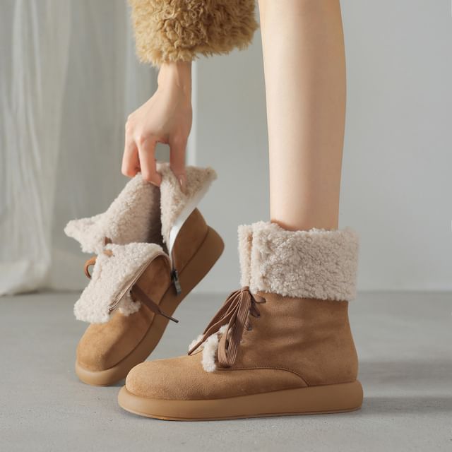 Cinnabelle-Fluffy Trim Lace-Up Platform Short Boots