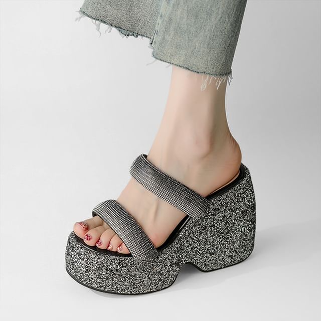 Cinnabelle-Platform Wedge Rhinestone Strap Sequin Sandals