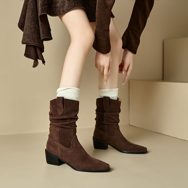 Cinnabelle-Pointed Ruched Chunky Heel Mid-Calf Boots