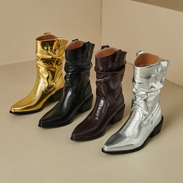 Cinnabelle-Pointed Ruched Chunky Heel Short Boots