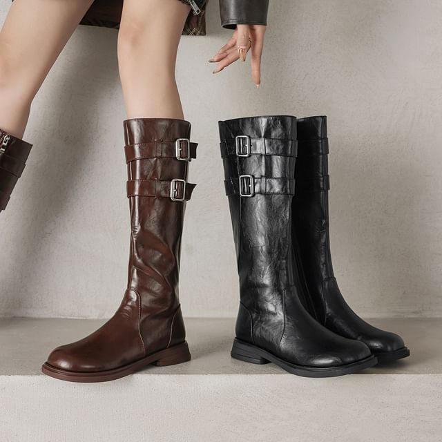 Cinnabelle-Round Toe Buckled Chunky Heel Tall Boots
