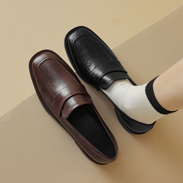Cinnabelle-Square Toe Faux Leather Plain Loafers