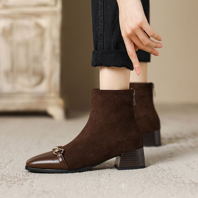 Cinnabelle-Square Toe Horsebit Chunky Heel Short Boots