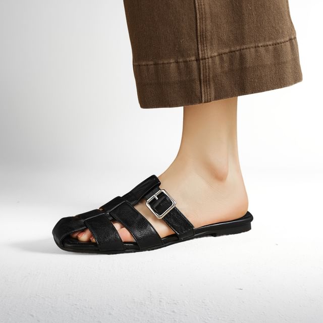 Cinnabelle-Square Toe Plain Buckled Faux Leather Flat Sandals