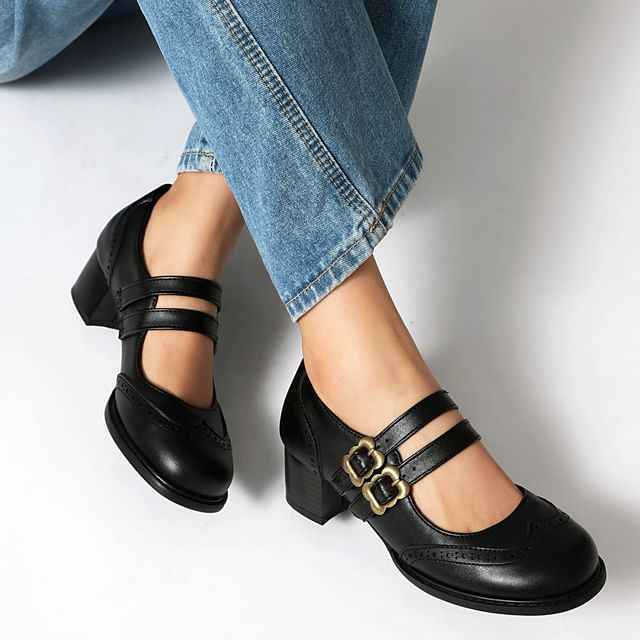 Cinnabelle-Wingtip Block Heel Brogue Mary Jane Pumps