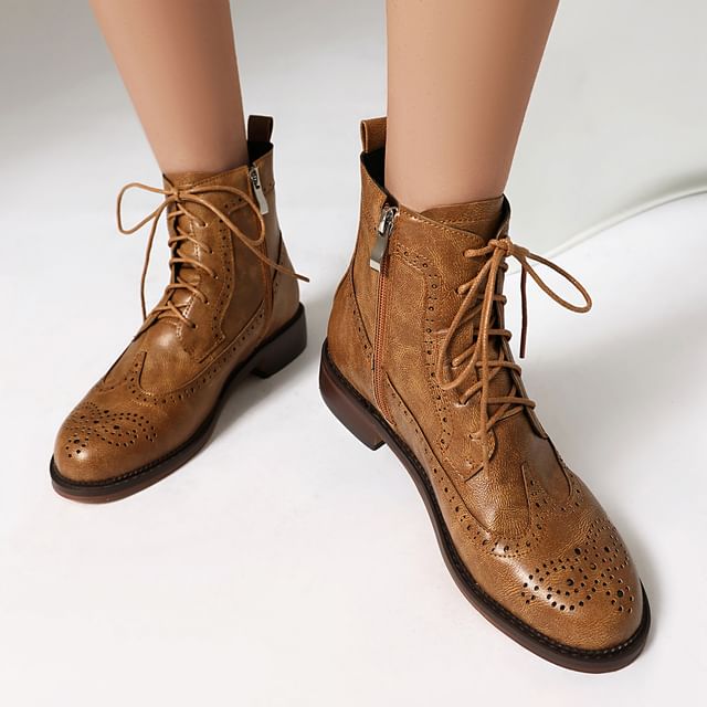 Cinnabelle-Wingtip Lace Up Brogue Short Boots