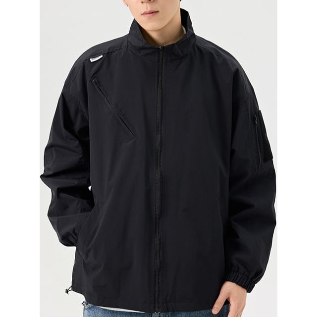 citybae-Asymmetrical Plain Drawstring Zip Jacket