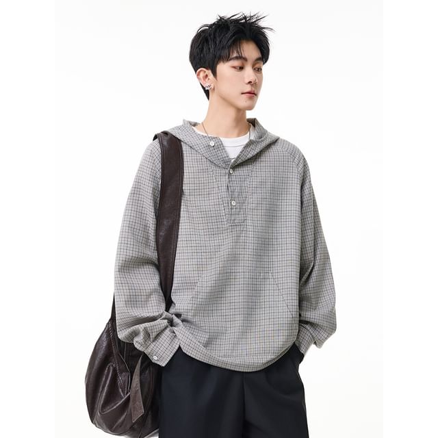 citybae-Checker Henley-Neck Hooded Top