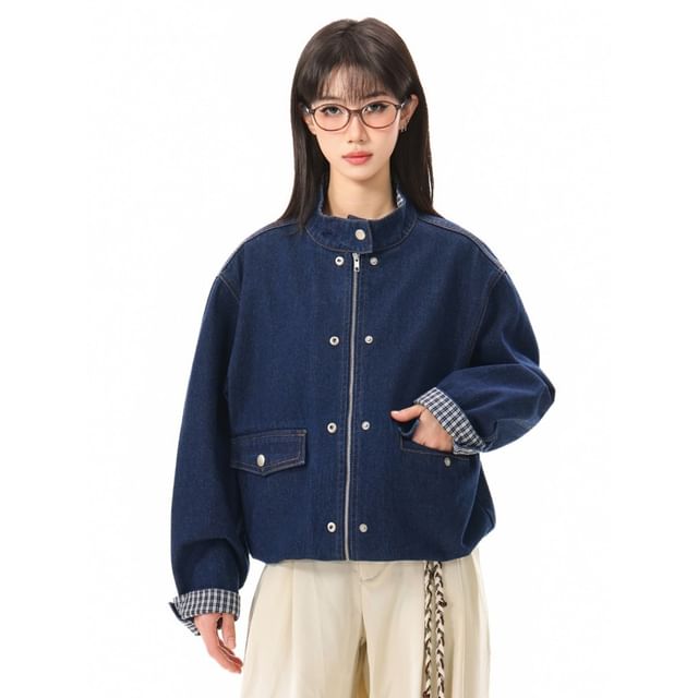 citybae-Checker-Trim Overfit Denim Jacket
