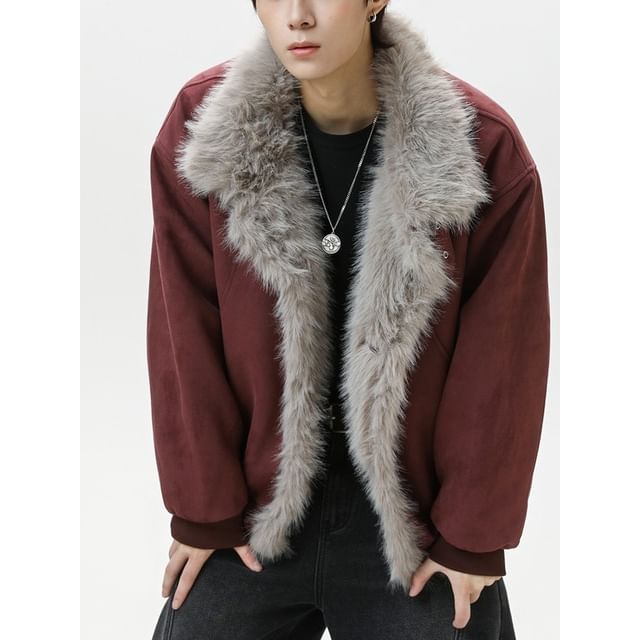 citybae-Collared Fluffy Panel Faux Suede Button Puffer Jacket