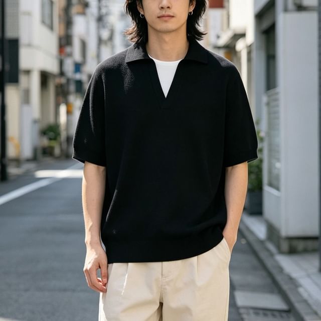 citybae-Collared Mock Two-Piece Knit T-Shirt