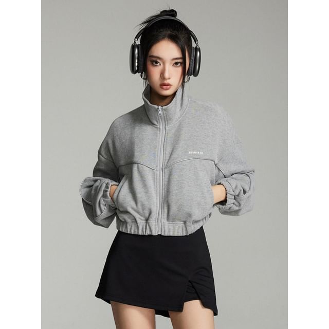 citybae-Cropped Stand-Collar Sweat Jacket