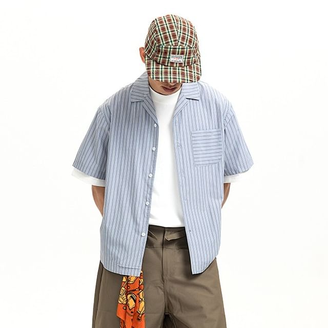 citybae-Cuban-Collar Striped Shirt