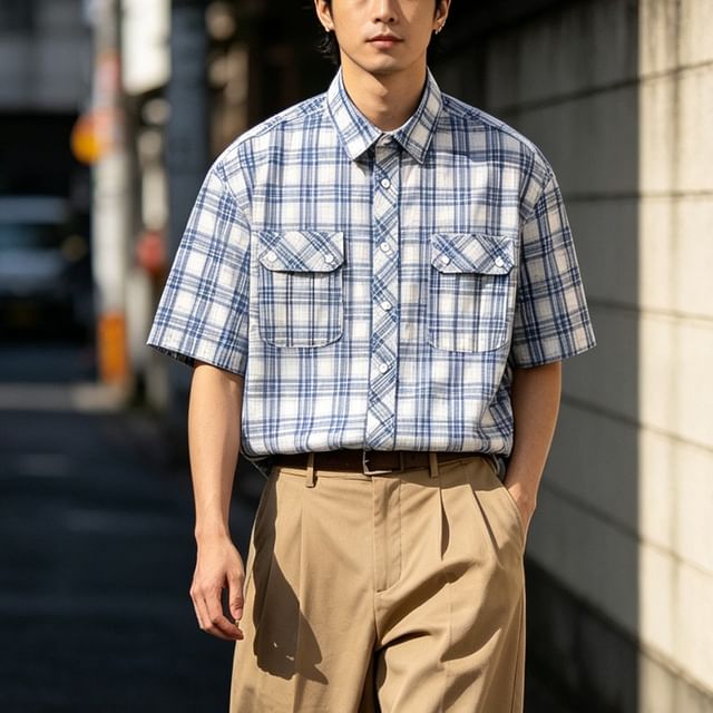 citybae-Dual-Pocket Plaid Shirt