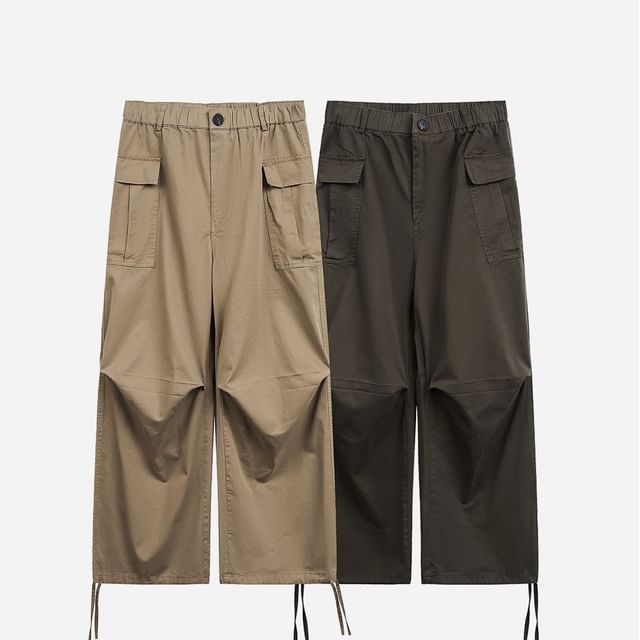 citybae-Elastic Waist Plain Straight Leg Cargo Pants