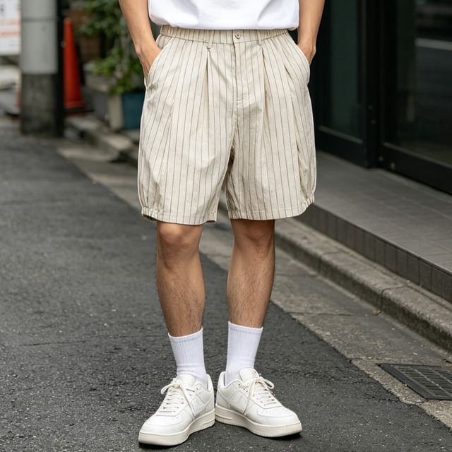 citybae-Elastic-Waist Striped Pleated Shorts