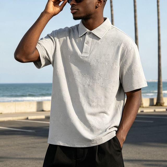 citybae-Embossed Loose Polo Shirt