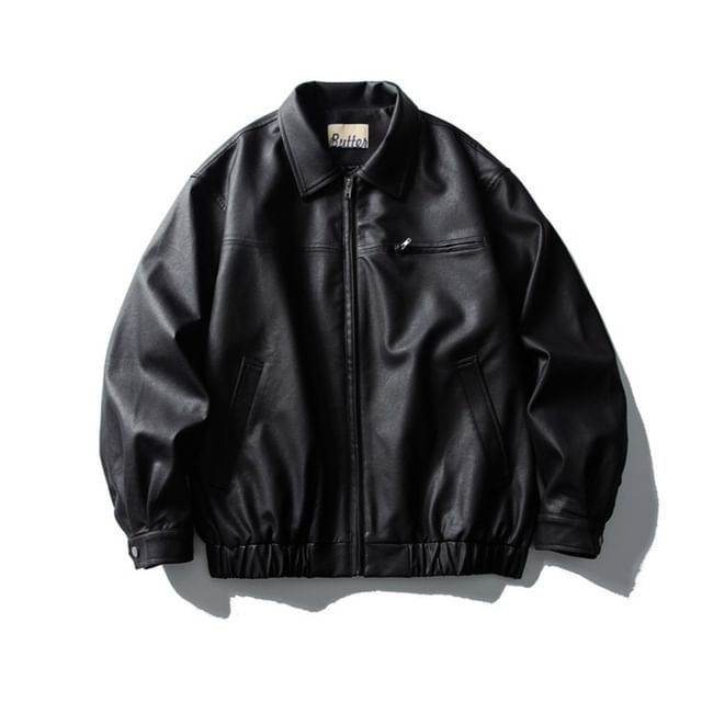 citybae-Faux-Leather Polo Jacket