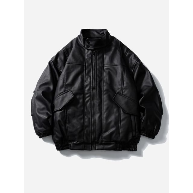 citybae-Faux-Leather Stand-Collar Jacket