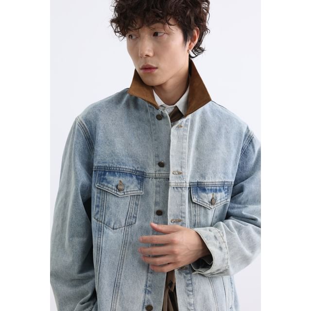 citybae-Faux Suede Collar Washed Button Denim Barn Jacket