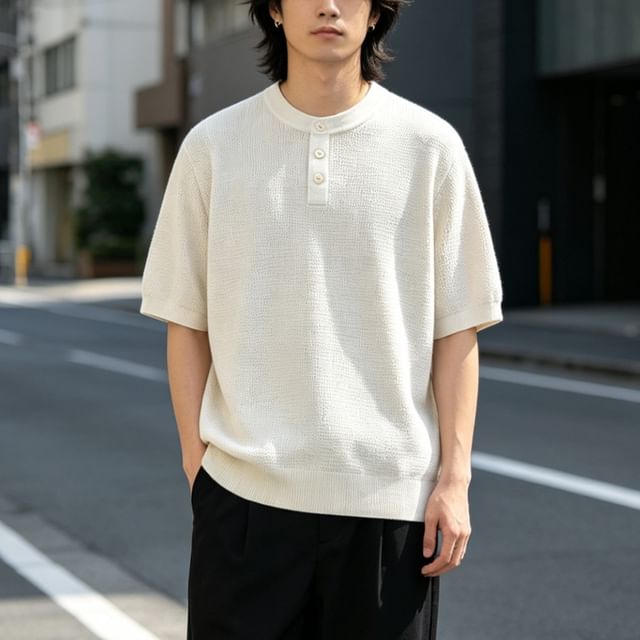 citybae-Henley-Neck Knit T-Shirt