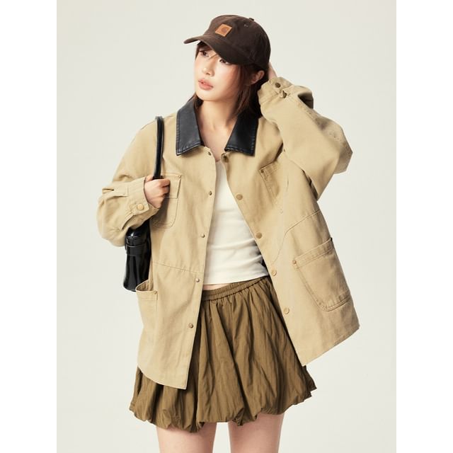 citybae-Leather-Collar Multi-Pockets Work Jacket