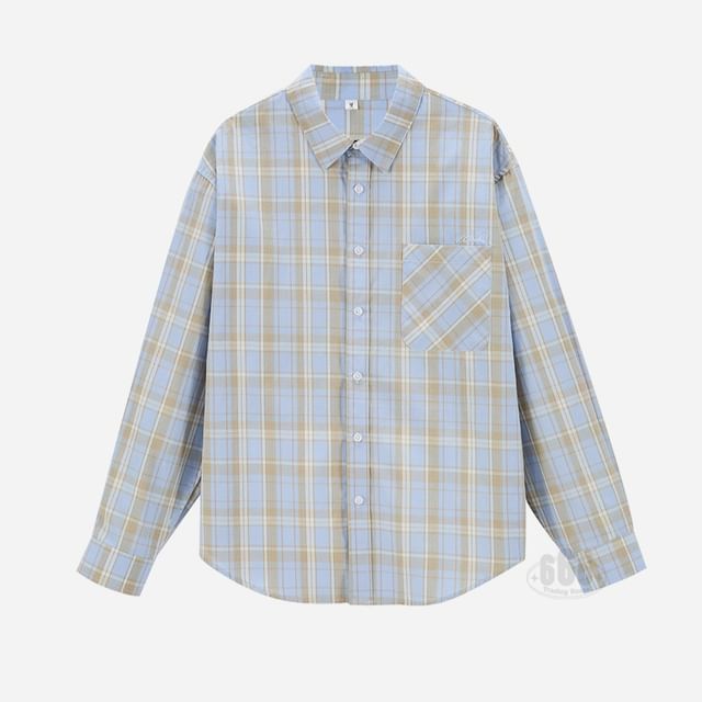 citybae-Long Sleeve Collared Plaid Shirt