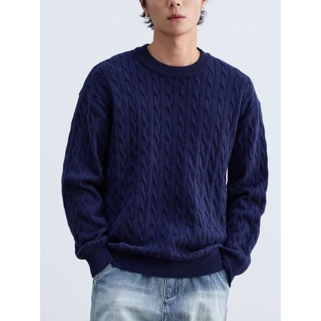 citybae-Long-Sleeve Crew Neck Plain Cable Knit Sweater