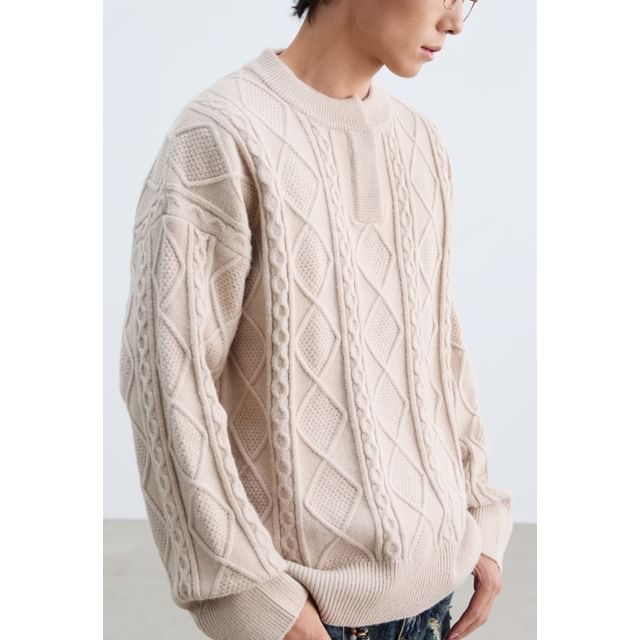 citybae-Long-Sleeve Crew Neck Plain Cable Knit Sweater