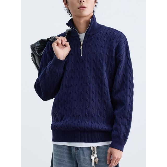 citybae-Long-Sleeve High Neck Plain Half-Zip Sweater