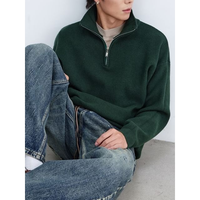 citybae-Long-Sleeve High Neck Plain Half-Zip Sweater