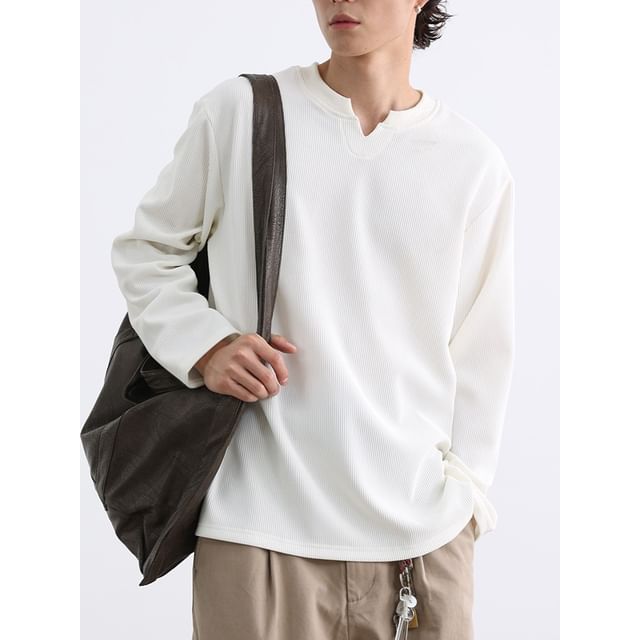 citybae-Long Sleeve Notch Neck Plain Ribbed Top