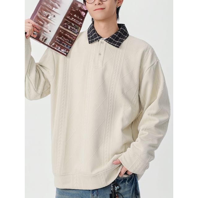 citybae-Long-Sleeve Plaid Collar Sweatshirt