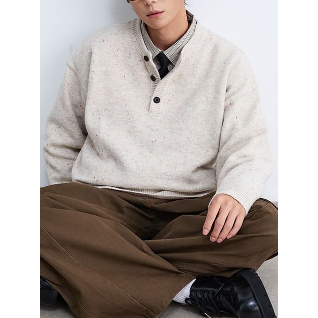 citybae-Long-Sleeve Plain Henley Sweater
