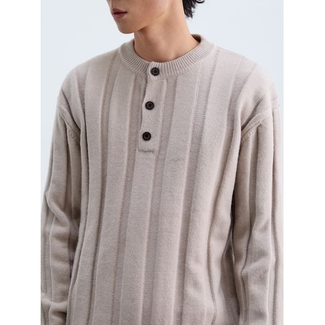 citybae-Long-Sleeve Plain Ribbed Henley Sweater