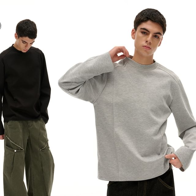 citybae-Mock Neck Plain Panel Sweatshirt