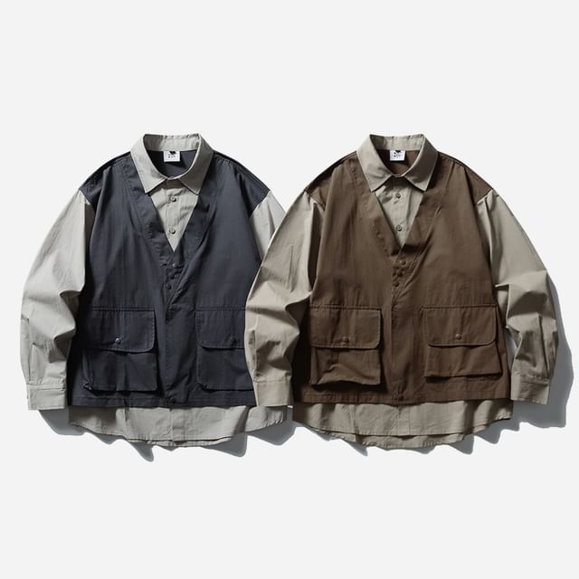 citybae-Mock Two-Piece Colorblock Shirt