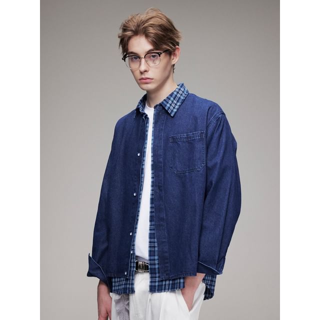 citybae-Mock Two-Piece Denim Shirt