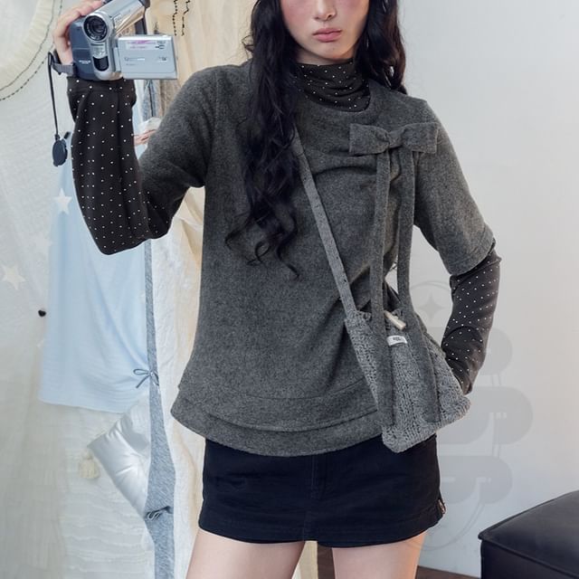 citybae-Mock Two-Piece High-Neck Top with Ribbon