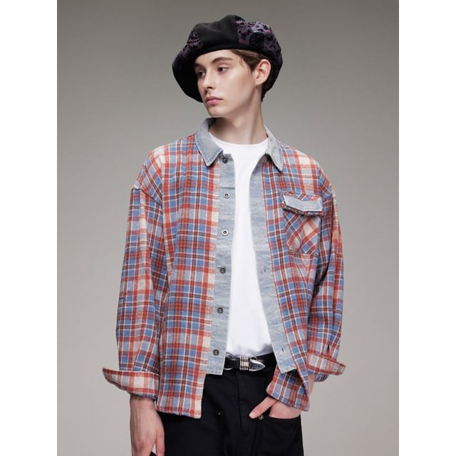 citybae-Mock Two-Piece Plaid Shirt