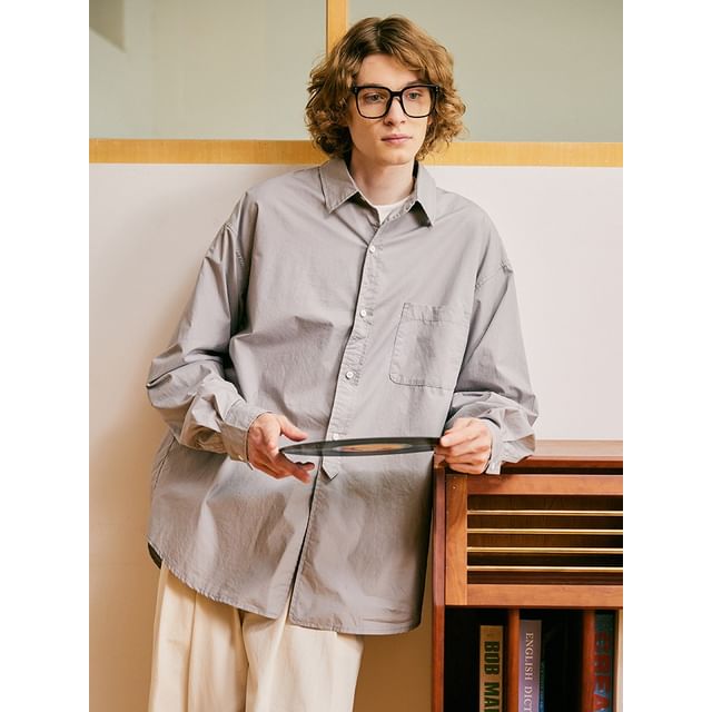 citybae-Oversized Long-Sleeve Plain Shirt