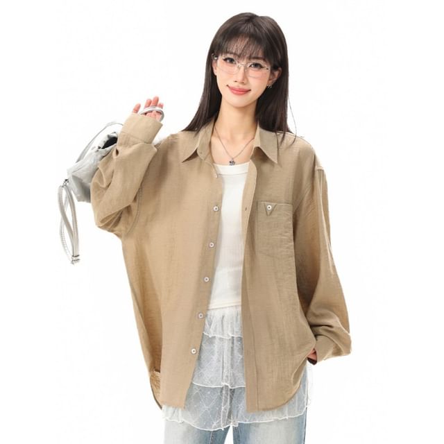 citybae-Oversized Long-Sleeve Plain Shirt