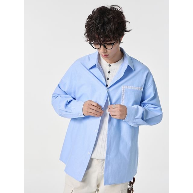 citybae-Oversized Patchwork Long-Sleeve Shirt