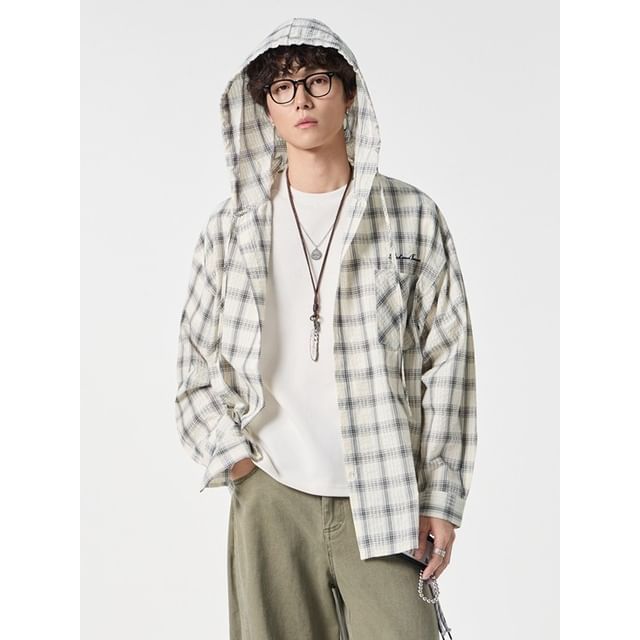 citybae-Oversized Plaid Hooded Shirt