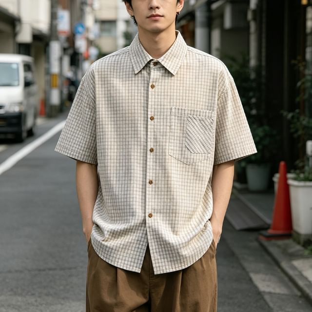 citybae-Oversized Short-Sleeve Checker Shirt
