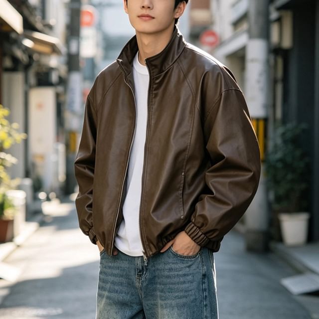 citybae-Oversized Stand-Collar Faux-Leather Jacket