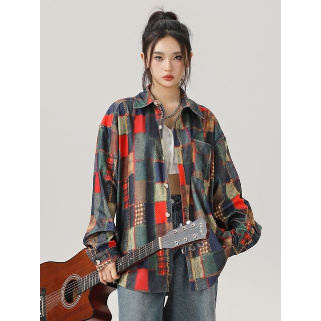 citybae-Patchwork Corduroy Long-Sleeve Shirt