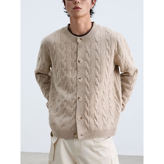 citybae-Plain Button-Up Cable Knit Cardigan